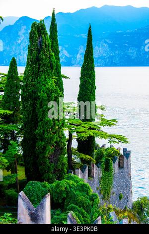 Zypressen und Steinmauern der Burg Malcesine am Gardasee in der Provinz Verona, Italien Stockfoto