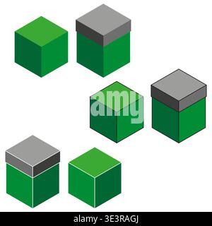 Green Box Set. Isometrische Vektorwürfel. Graue Deckeldetails. Sechs 6 Pakete. Nur manueller Vektor. Kein autotrace verwendet. EPS 10. Stock Vektor