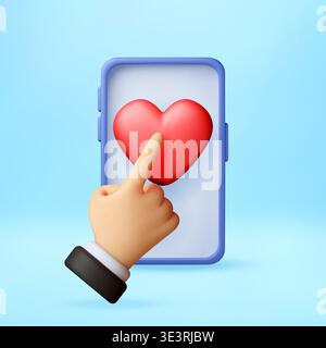 3D-Hand berührt das rote Herzsymbol auf dem Mobiltelefon Stock Vektor
