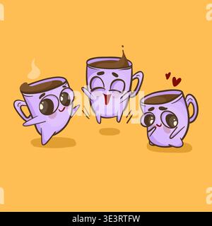Niedliche Zeichentrickbecher mit Emotionen, Vektor-Illustration. Stock Vektor