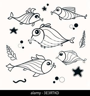 Netter Karikaturfisch im Meer, Vektorillustration im Linienkunststil Stock Vektor
