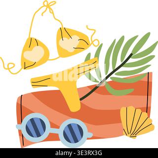 Cartoon Sommer Strand Küste Konzept Illustration. Zusammensetzung aus Strandtuch, Palmblatt, Bikini und Sonnenbrille. Vektorillustration isoliert auf weiß Stock Vektor