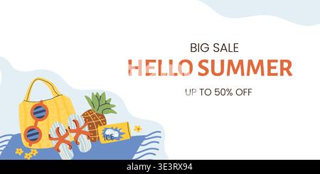 Sommer Sale Banner mit Sonnenbrille, Ananas, Brille, Strandtasche, Flip Flops. Promotion- und Einkaufsvorlage für Hintergrund der Sommersaison Stock Vektor