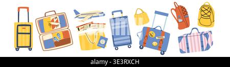 Aufkleberset für Urlaubsgepäck. Flughafengepäckelemente mit Flugzeug, Tickets und Koffer, Strandtaschen und Rucksäcke. Reisepass und Reisezeichen, Kleidung Stock Vektor