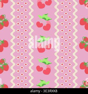 Nahtloses Vektormuster mit stilisierten Erdbeeren mit leuchtenden Rottönen und zarten grünen Blättern. Frisches, verspieltes und modernes Design. Stockfoto