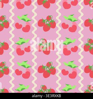 Nahtloses Vektormuster mit stilisierten Erdbeeren mit leuchtenden Rottönen und zarten grünen Blättern. Frisches, verspieltes und modernes Design. Stockfoto