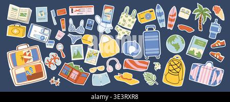Sommer-Reiseaufkleber-Set. Reisesymbole im flachen Cartoon-Stil. Gepäck, Strandtaschen und Flughafenausstattung. Zeichentrick-Illustration für Reiseplan Stock Vektor