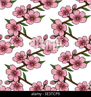Nahtloses Vektormuster von rosa Kirschblüten auf Zweigen mit grünen Blättern, zarte florale Illustration Stock Vektor