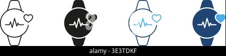 Smartwatch Mit Heartbeat Line Und Ausgefülltem Symbol. Herzfrequenzmessung, Fitness-Tracking Und Health Management Outline Und Silhouette Symbol Stock Vektor