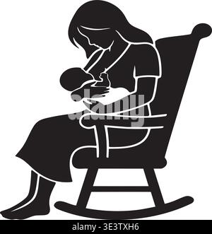 Keine Silhouette einer Mutter, die in einem Schaukelstuhl sitzt und zärtlich ihr neugeborenes Baby stillt. Stock Vektor