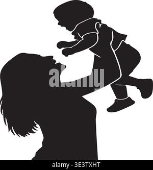Silhouette einer fröhlichen Mutter, die ihr glückliches Baby in die Luft hebt. Stock Vektor