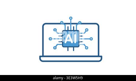 Zweifarbiges blaues Symbol eines Laptops mit KI-Buchstaben und Schaltungsanschlüssen. Stock Vektor