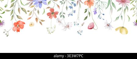 Nahtloser Blumenrand in Aquarellfarben mit Wiesenwildblumen. Hand gezeichnete botanische Illustration auf weißem Hintergrund für Hochzeitseinladung, Grußkarte. Stockfoto