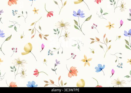 Nahtloses Blumenmuster in Aquarellfarben mit zarten Wildblumen. Handgezeichnete Illustration isoliert auf Pastellhintergrund. Stockfoto
