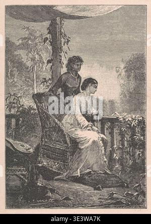 Zwei Frauen in traditioneller Kleidung auf einem Balkon mit Blick auf einen üppigen Garten in der Abenddämmerung. Eine ruhige Szene zeigt zwei Frauen in Vintage-Kleidung auf einem Balkon, eine sitzend und eine stehend, während die Dämmerung in einen ruhigen Garten hinausschaut. Stockfoto