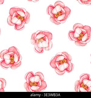 Niedliches, nahtloses Muster mit rosa Pfingstrose. Aquarellabbildung Stockfoto