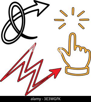 Ein Handcursor, der mit verschiedenen Symbolen darauf zeigt Stock Vektor