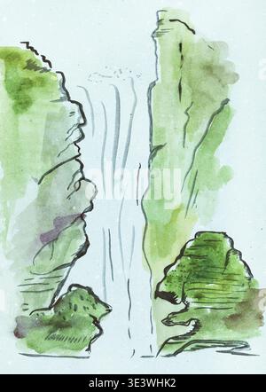 Training Zeichnen im Suibokuga Stil mit Aquarellen Ansicht eines Wasserfalls auf blauem Papier Stockfoto