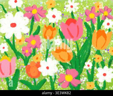 Eine lebendige Illustration von Frühlingsblumen mit Tulpen, Gänseblüten und verschiedenen Blüten auf einem grasbewachsenen Hintergrund. Die hellen Farben erinnern an die Frische Stockfoto