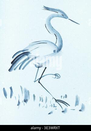 Trainingszeichnung im Suibokuga-Stil mit Aquarellreiher auf blauem Papier Stockfoto
