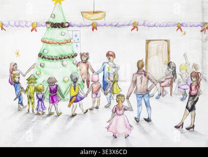 Handgemalte Skizze eines Rundtanzes um den Weihnachtsbaum im Kindergarten, gezeichnet mit Buntstift auf weißem Papier Stockfoto