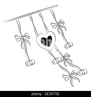 Handgezeichnetes Hochzeitsdekor-Element, Just Married-Autokennzeichen aus Band, Schleifen und Dosen im Doodle-Line-Art-Stil Stock Vektor
