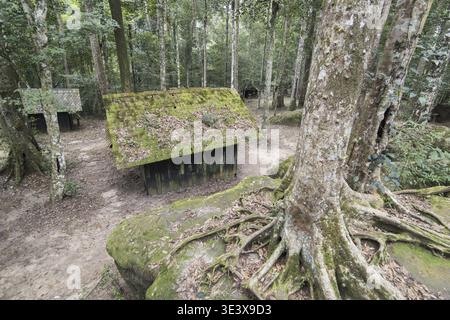 Die Holzhäuser der Militärakademie und -Schule im Phu hin Rong KLA Nationalpark in der Nähe der Stadt Phitsanulok im Norden Thailands. Thaila Stockfoto