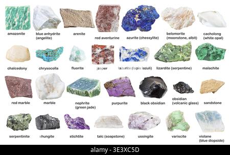 Sammlung verschiedener roher dekorativer Edelsteine und Mineralien mit isolierten Namen auf weißem Hintergrund Stockfoto