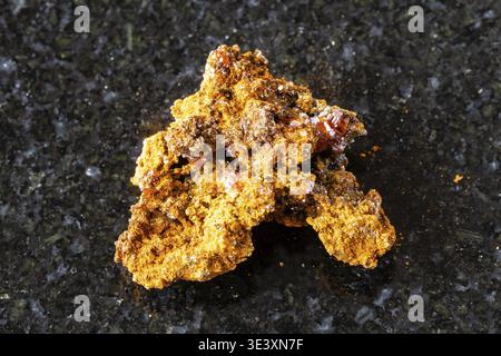 Probe von rohem Wulfeniterz auf schwarzem Granithintergrund aus Nahaufnahme aus Xinjiang, China Stockfoto