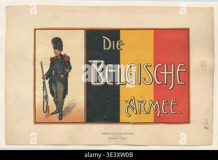Belgischer Armeesoldat in Uniform mit Gewehr, dargestellt auf einer alten militärischen Illustration mit dem Titel „die Belgische Armee“ aus der Vinkhuijzen Sammlung von Militäruniformen, die von Hendrik Jacobus Vinkhuijzen in Amsterdam gesammelt wurde. Stockfoto