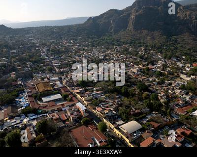 Aus der Vogelperspektive von Tepoztlan, Morelos, Mexiko Stockfoto