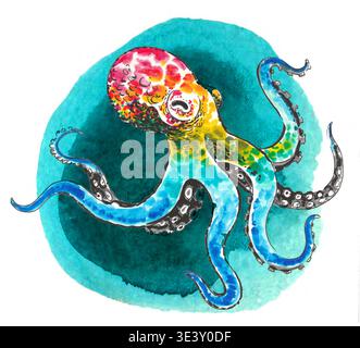 Original handgemalt Aquarell Oktopus – Meeresleben Illustration auf blauem Waschbecken Stockfoto
