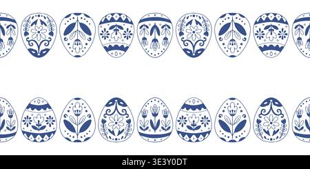 Nahtloser horizontaler Rand für Ostereier mit Blumenschmuck im skandinavischen blauen Stil. Vektorillustration auf weißem Hintergrund. Stock Vektor