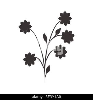 Eine Grafik, die einen abstrakten Blumenzweig mit fünf dunklen, stilisierten Blumen und mehreren Blättern darstellt. Das Design präsentiert sich als klare Silhouette auf einem einfarbigen Hintergrund, perfekt für dekorative Zwecke. Stock Vektor