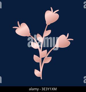 Ein anmutiges botanisches Element aus Roségold verfügt über einen zentralen Stiel mit kleinen Blättern und drei zarten Blütenknospen. Das glänzende Metallic-Design hebt sich von einem tiefen marineblauen Hintergrund ab. Stock Vektor