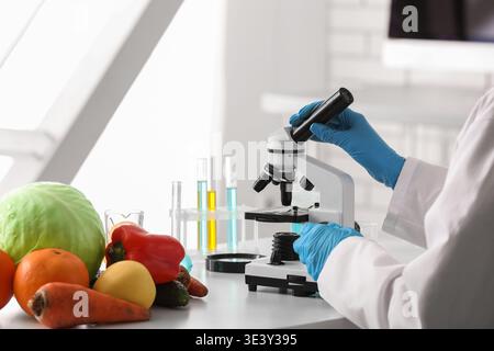 Wissenschaftler mit Mikroskop im Labor. HACCP-Konzept Stockfoto