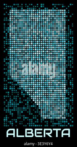 Digitale gepunktete Karte in Alberta, Kanada. Form der Provinz in Cyan-Farbpalette auf dunklem Hintergrund. Futuristisches Kartendesign in Alberta, Kanada. Stock Vektor