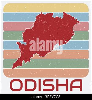 Odisha, Indien Vintage-Logo. Form des Zustands auf dem Hintergrund mit Retro-farbigen Streifen. Odisha, Indien Kartendesign mit Grunge Scratch Textur. Stock Vektor