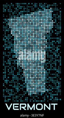Vermont, USA, digitale gepunktete Karte. Form des Status in der zyanblauen Farbpalette auf dunklem Hintergrund. Futuristisches Kartendesign in Vermont, USA. Stock Vektor