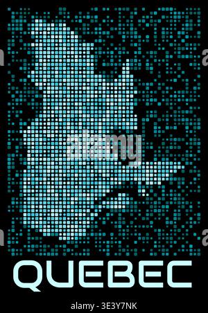 Digitale gepunktete Karte in Quebec, Kanada. Form der Provinz in Cyan-Farbpalette auf dunklem Hintergrund. Futuristisches Kartendesign in Quebec, Kanada. Stock Vektor