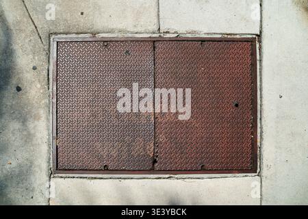 Ein korrodierter Deckel aus Industrieeisen ist auf einem rauen Zementpflaster in einer Stadtstraße montiert und weist starke Oxidation und alternierende metallische Patina auf. Stockfoto