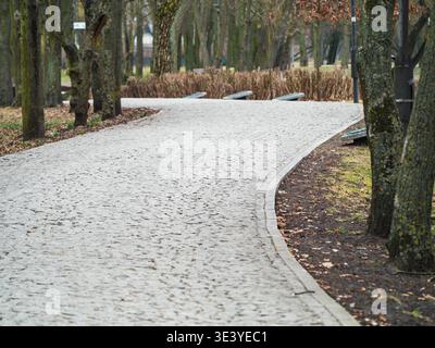 Ein geschwungener Kopfsteinpflasterweg schlängelt sich durch einen ruhigen Park, der von blattlosen Bäumen und leeren Bänken gesäumt ist, und schafft eine friedliche, einsame Atmosphäre auf einem Dach Stockfoto