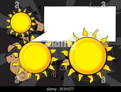 Cartoon Sonne mit leerer Sprechblase, Comic-Buch Sommer Hintergrund. Retro-Vektor-Comics Pop-Art-Design. Stock Vektor