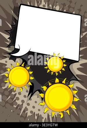 Cartoon Sonne mit leerer Sprechblase, Comic-Buch Sommer Hintergrund. Retro-Vektor-Comics Pop-Art-Design. Stock Vektor