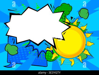 Cartoon Sonne mit leerer Sprechblase, Comic-Buch Sommer Hintergrund. Retro-Vektor-Comics Pop-Art-Design. Stock Vektor
