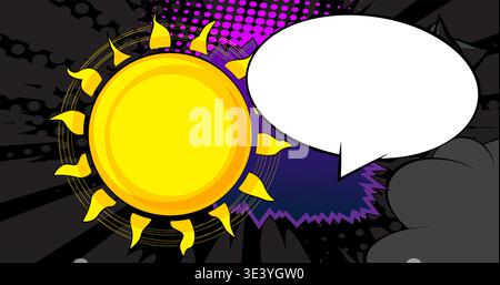 Cartoon Sonne mit leerer Sprechblase, Comic-Buch Sommer Hintergrund. Retro-Vektor-Comics Pop-Art-Design. Stock Vektor