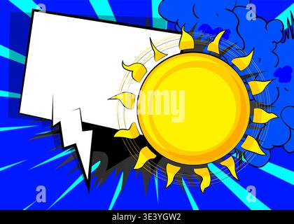 Cartoon Sonne mit leerer Sprechblase, Comic-Buch Sommer Hintergrund. Retro-Vektor-Comics Pop-Art-Design. Stock Vektor
