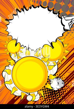 Cartoon Sonne mit leerer Sprechblase, Comic-Buch Sommer Hintergrund. Retro-Vektor-Comics Pop-Art-Design. Stock Vektor