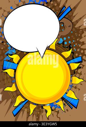 Cartoon Sonne mit leerer Sprechblase, Comic-Buch Sommer Hintergrund. Retro-Vektor-Comics Pop-Art-Design. Stock Vektor