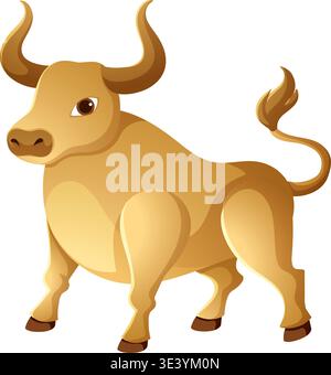Eine stilisierte goldene Ochsenvektorillustration mit gebogenen Hörnern isoliert auf einem weißen Hintergrund Stock Vektor